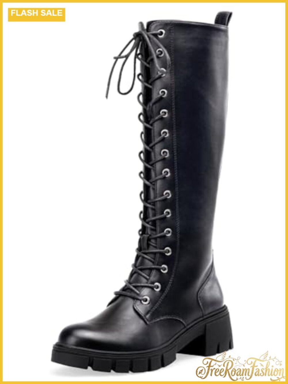 Women's Faux Leather Knee High Lace Up Platform Combat Boots